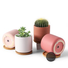 TAMAYKIM 4 Inch Ceramic Plant Pots with Drainage Holes, Adorable Flower Planter Pot with Bamboo Tray for Indoor Plants, Succulent, Snake Plants, Cactus & Herbs, Set of 4 (Plant Not Included)