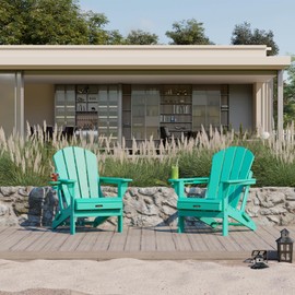 Ciokea Folding Adirondack Chair Wood Texture, Patio Adirondack Chair Weather Resistant, Plastic Fire Pit Chair with Cup Holder, Lawn Chair for Outdoor Porch Garden Backyard Deck (Lake Blue)