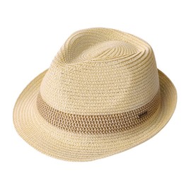 Fancet Packable Large Straw Fedora Panama Sun Summer Beach Derby Hat Cuban Trilby Men Women Nature Beige