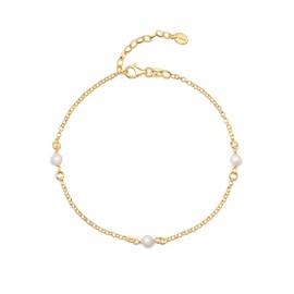 Amberta Women 925 Sterling Silver Freshwater Pearl Anklet: 4-5 mm Pearl Beaded - Gold Plated Anklet 25 cm