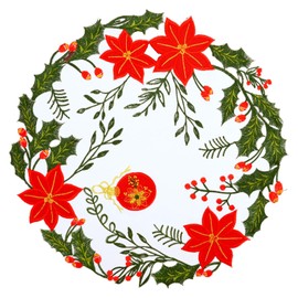 Simhomsen Embroidered Christmas Poinsettia Round Table Doily Placemats Coasters Set of 4 (Poinsettia B)