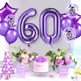 Purple 60th Birthday Balloon Decorations 40 Inch Number 60 Birthday Star Foil Balloons Happy 60th Birthday Confetti Latex Balloons for Women Men 60th Birthday Anniversary Party Supplies