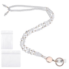 Maahongh Retractable Teacher Beaded Lanyards for Id Badges Keys, Natural Stone Beaded Lanyards for Women, Breakaway Cute for Cruise, School, Office(White Howlite)