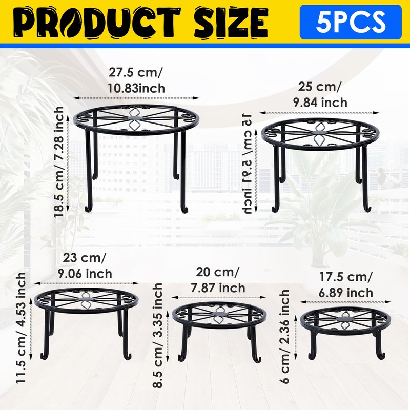 PUREZON Metal Plant Stands, 5 Pack, Black, Round