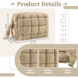 UIXIZQ Puffer Quilted Makeup Bag Cosmetic Bags,Puffy Travel Toiletry Pouch for Women,Cute Checkered Zipper Bag Travel Essential,Portable Aesthetic Make up Organizer Bag for Gifts Work Daily, Khaki, S