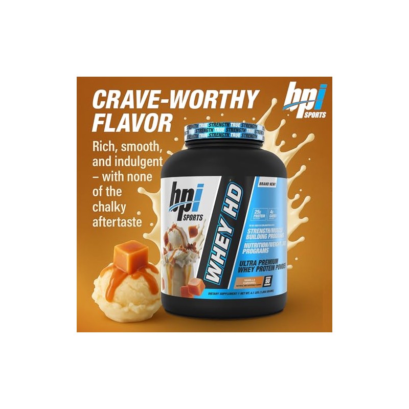 BPI Sports Whey HD Ultra Premium Protein Powder, Vanilla Caramel,