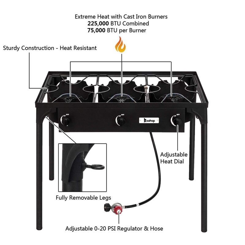 Outdoor Camping Stove, 3 Burner Propane Gas Cooker w/Detachable Legs