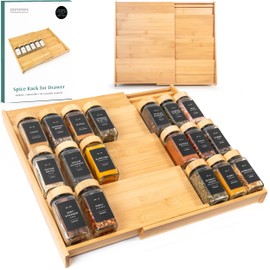 EDELHAUS Bamboo Spice Drawer Organizer - Expandable 4 Tier Spice Rack (Need 3" Deep Drawer) 12" to 24" Wide, Seasoning Organizer, Organization Seasoning Rack insert (Jars Not Included)