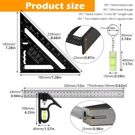 Combination Square Woodworking Ruler 7inch Carpenter Square Wood Working Tools 12 in Combination Squares Combo Woodworking Rafter Layout Ruler(Color:Black)