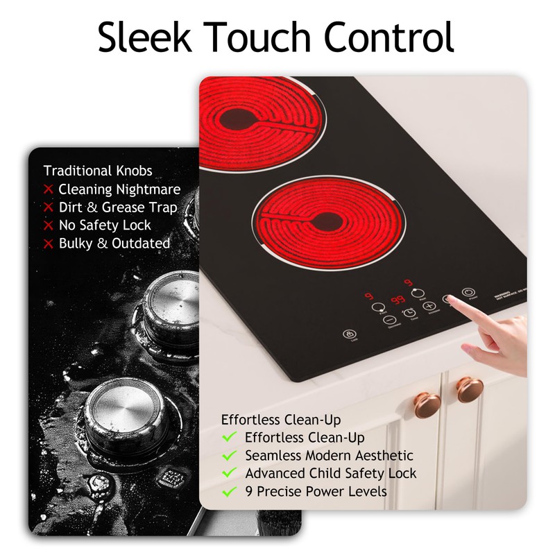 FIREGAS 12 Inch Built-in Electric Cooktop, 2 Burner 3000W, Hardwired