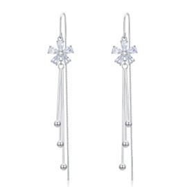 Threaded Earrings 925 Sterling Silver Flower Tassel Long Charm Dangle Drop Earrings Jewellery Gifts for Ladies Ladies, Sterling Silver, Crystal