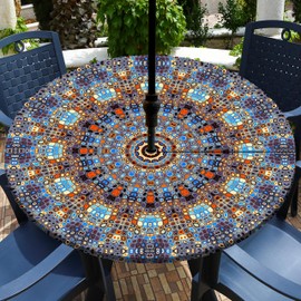 Buwuta Outdoor Tablecloth with Umbrella Hole Waterproof Round Fitted Tablecloth with Elastic Zippered Wipeable Table Cloth Round Cover for Picnic, Patio,Garden Fits to 36"-44" Patio Tables