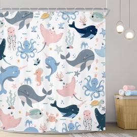 Riyidecor Kids Ocean Whale Shower Curtain 72Wx72H Inch Underwater Dolphin Cartoon Animal Octopus Jellyfish Sealife Cute Pink Blue Marine Turtle Bathroom Decor Fabric Polyester Waterproof 12 Pack Hooks