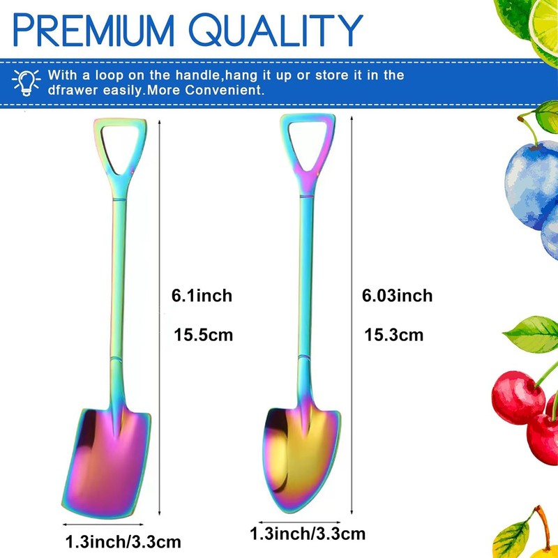 10pack Rainbow Shovel Spoons,Small Shovel Shape Stainless Steel Dessert Fruit