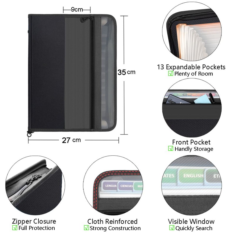 TRANBO 13 Pockets Expanding File Folder with Zipper Closure, A4