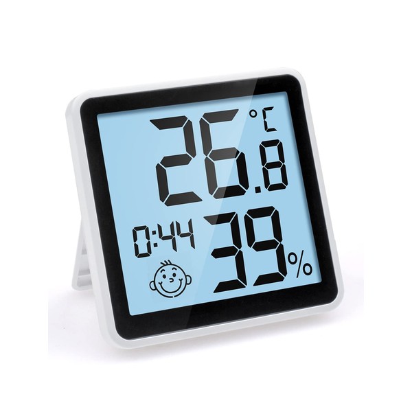 Digital Thermo-Hygrometer with Light-sensitive function, Indoor Room Thermometer Hygrometer with Temperature and Humidity Monitor Meter Gauge with Clock, Large LCD Screen, Backlight
