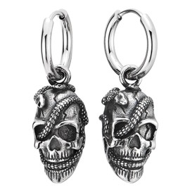 Schlange Wickeln Schädel Hoffe Ohrringe, Herren Edelstahl Baumelnde Huggie Hinged Ohrringe, Vintage Punk Rock