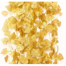 Suandsu Artificial Golden Grape Leaves Vine Fake Hanging Garland Plants Greenery Ivy for Wedding Party Garden Outdoor Christmas Decoration Pack of 12