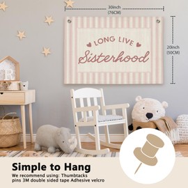ETVISO Long Live Sisterhood Preppy Pink Striped Girls Room Decor - Linen Banner Wall Hanging Canvas Banner Flag Decor for Toddler Girly Bedroom Playroom Nursery Dorm Apartment