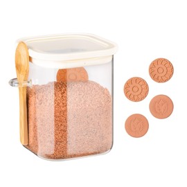 Aabberson Glass Brown Sugar Keeper container 30Oz ，With Silicone sealing cap& Bamboo Scoop,Includes 4 Terracotta brown Sugar Savers to Keep Soft，Suitable for baking，coffee beans， sugar，salt.
