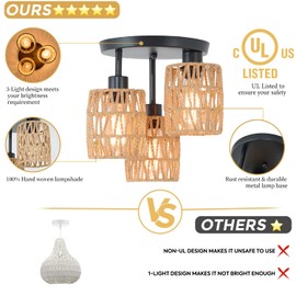Neechicx 3-Lights Woven Rattan Ceiling Light Fixture,Farmhouse Hand-Woven Cage Semi Flush Mount Ceiling Light, Boho Coastal Natural Basket Close to Ceiling Light for Bedroom Hallway Corridor Nursery