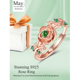 May Birthstone Jewellery Emerald Ring Sterling Silver Rose Rings for Women Rose Gold Flower Rings Adjustable Rose Ring Jewellery Gifts for Women