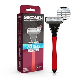 Groomen Rasuradora 500: 5 Navajas de Corte Cerámico, Cuchillas de Acero con Nanotecnología, Navaja Posterior de Alta Precisión, Bandas Lubricantes con Vitamina E, Aloe y Carbón Activado, 1 Rastrillo