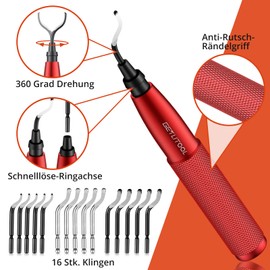GETLITOOL Deburring with 16 Blades, 360° Rotating Blade, Hand Deburrer, Metal Handle with Storage Space, Universal Deburring Tool for 3D Printers, Plastic, Stainless Steel, Aluminium, Metal (Red)