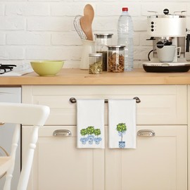 Qabliqo Chinoiserie Porcelain Lemon Kitchen Towels Set of 2, Coquette Blue Bow Lemon Tree Decorative Dish Tea Towels for Kitchen, Trimmed Potted Plants Hand Towels for Bathroom, 16x24 Inch