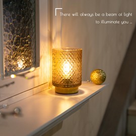 LUSHARBOR Battery Operated Lamp with Timer, Small Table Lamp with LED Bulb, Glass Cordless Lamps Bedside Battery Operated Lamp for Living Room, Entryway Diamond Design-Amber