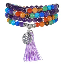 Nupuyai 108 Mala Prayer Beads Bracelet Women Men, Amethyst Crystal Stone Beads Wrap Bracelet with Tree of Life Tassel Charm Meditation 7 Chakra Stone Bracelet Necklace