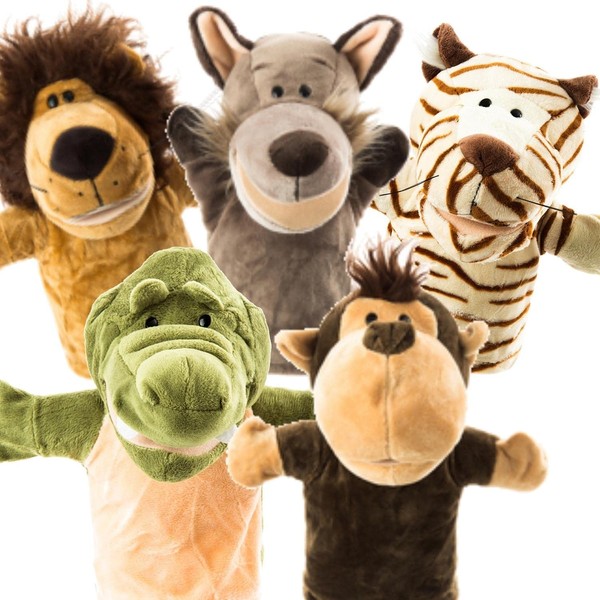Animal Hand Puppets 5-Piece Set - Premium Quality with Movable Open Mouths, 9.5” Soft Plush Hand Puppets for Kids- Perfect for Storytelling, Teaching, Preschool - by Better Line (Safari Animals)
