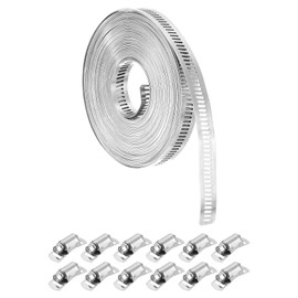sourcing map 304 Stainless Steel Hose Clamps, Cut-to-Fit 32.8 ft Metal Strap + 12 Stronger Fasteners Kit, Adjustable Worm Gear Band Hose Clamps for DIY Intercooler Pipe Plumbing Tube Fuel Line