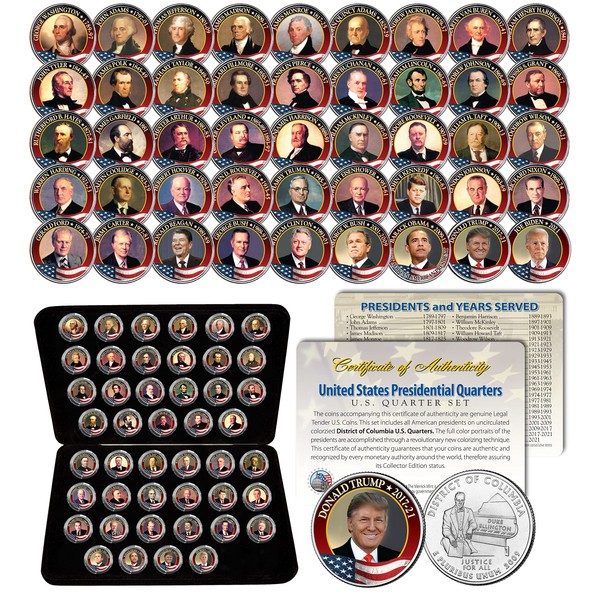 All 46 USA Presidents Complete Coin Set Colorized Washington DC Quarters with Premium Box & Certificate Special Price