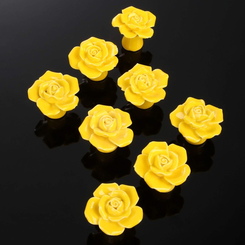 Yellow 8PCS Knobs & Handles Modern Ceramic Rose Flower Drawer