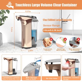 Automatic Soap Dispenser, PZOTRUF Touchless 17oz/500ml with Upgraded Infrared Sensor, 5 Adjustable Soap Dispensing Levels, Liquid Hand Soap Dispenser for Bathroom (Rose Gold)