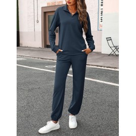 REORIA Women's Cotton Jogging Suit, Half Zip Tracksuits, Henley Neck, Two-Piece Long Sleeve Tracksuit, Leisure Suit, Sports Set, Lounge Set, navy