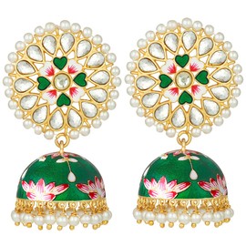 Aheli Handcrafted Traditional Wedding Wear Faux Kundan Studded Floral Enamel Jhumka Jhumki Earrings Indian Ethnic Fashion Jewelry Gift for Women