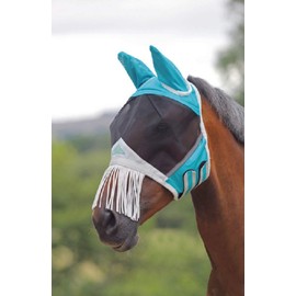 Shires Fine Mesh Horse Equine Fly Mask with Ears and Nose Fringe 60% UV Protection (Pony, Teal)