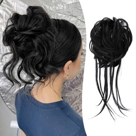 PHOCAS Messy Hair Buns Hair Piece for Updos Messy Curly Bun Scrunchie Synthetic Chignon Ponytail Hair Extensions for Women Daily Wedding Party Use(Natural Black)