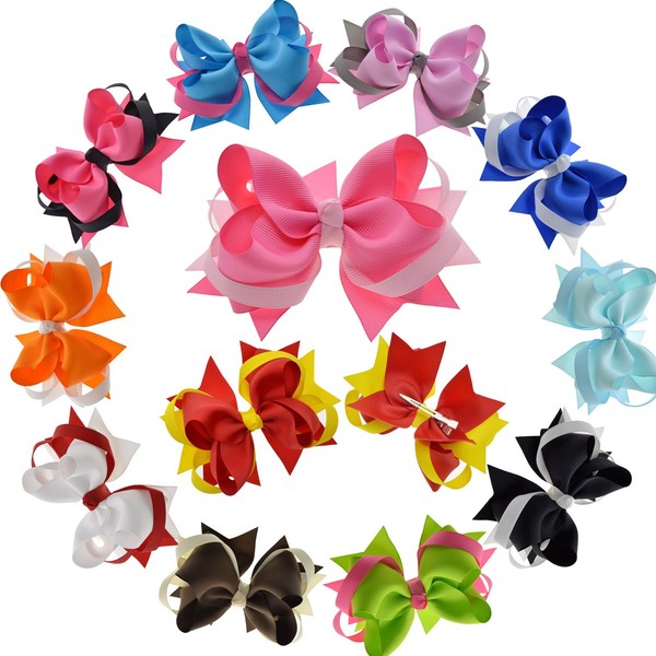 LCLHB 4.5"-5" Semi-big Hair Bows Clips for Girls Teens Child Pack of 12