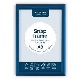 Europel Lightweight Folding Frame DIN A3, Colour Blue, Easy-Click System, Profile 25 x 11 mm, Anodised Aluminium and Anti-Glare Protective Film, Outer Dimensions 328 x 451 mm, Grey Polystyrene Back