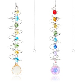 Hobbspring 2Pcs Glass Wind Chime 2 Colors Gazing Ball Spiral Tail Crystal Decorative Sun Catchers with Chakra Beads for Indoor Outdoor Garden Windowsill Bedroom Decoration