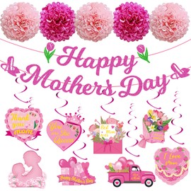 Mothers Day Decorations for Party Glitter Happy Mother's Day Banner Hanging Swirls Paper Tissue Pom Poms Flowers Mother Party Ceiling Decor for Best Mom Ever Office Home Feliz Dia De Las Madres