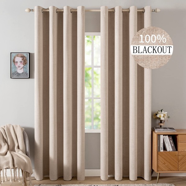 MIULEE 100% Blackout Linen Textured Curtains for Bedroom Solid Thermal Insulated Natural Beige Grommet Room Darkening Curtains & Drapes Luxury Decor for Living Room Nursery 52 x 84 Inch (2 Panels)