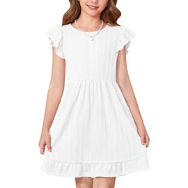 Girls Summer Flutter Sleeve Ribbed Sundress White Solid Ruffle Hem Back to School Casual Swing Dress 5-6 Years