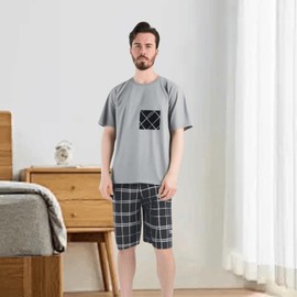 Tshyfiper Mens Pajamas Set Man 3Pcs Plaid Pjs Sets Short Sleeve Sleepwear Nightwear Crew Neck Loungewear-XL