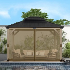 BPS 10' x 12' Gazebo Universal Mosquito Netting Screen Replacement, 4-Panel Screen Walls with Double Zippers for Outdoor Patio, Brown (Mosquito Net Only)