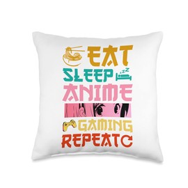 Kawaii Anime Merch Manga For Women Girls Kids Eat Sleep Gaming Repeat Kawaii Otaku Anime Manga Throw Pillow, 16x16, Multicolor