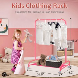 YGJT Kids Clothing Rack, Baby Clothes Rack for Hanging Clothes with Wheels and Bottom Storage Shelf, Small Toddler Garment Rack Kids Dress Up Storage Rack for Coats, Skirts, Dance Costume(Pink)
